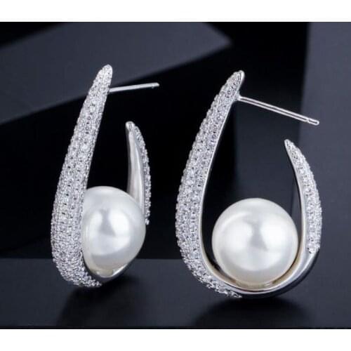 LYCOON Fashion earrings 2020 woman Full Mirco white Cubic Zirconia Setting with Round pearl eardrop trendy Wedding Hoop Earring