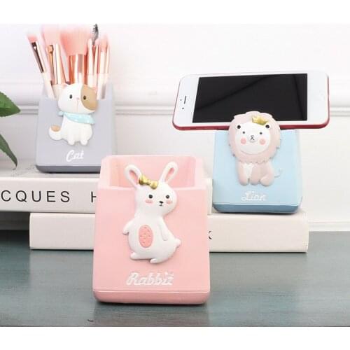 Cute Cartoon Animal Resin Pen Holder Mobile Phone Stand Makeup Brush Organizer Storage Desktop Ornaments Office Stationery Gift