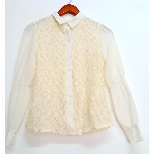 Fashion new spring summer gold thread flower lace double sides can wear full-sleeve turn-down collar chiffon shirt tops