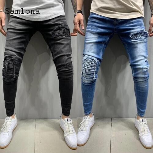Mens Skinny Jeans Fashion Denim Pant Male 2020 Hole Ripped Pants Streetwear Men Zipper Denim Pant Blue Hip Hop Pencil Trousers