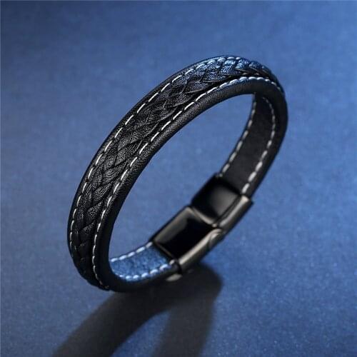 High Quality Classic Black/brown Real Leather Combination Stitching Gold/black/white Stainless Steel Mens Bracelet