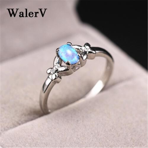 WalerV for Women Ring Set Butterfly Fashion Charm Oval Blue Red Fire Opal Stone Wedding Jewelry Finger Rings