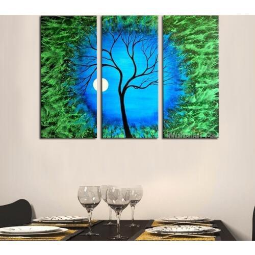 New hand painted 3panel combined picture oil paintings moon abstract tree oil painting on canvas home decor