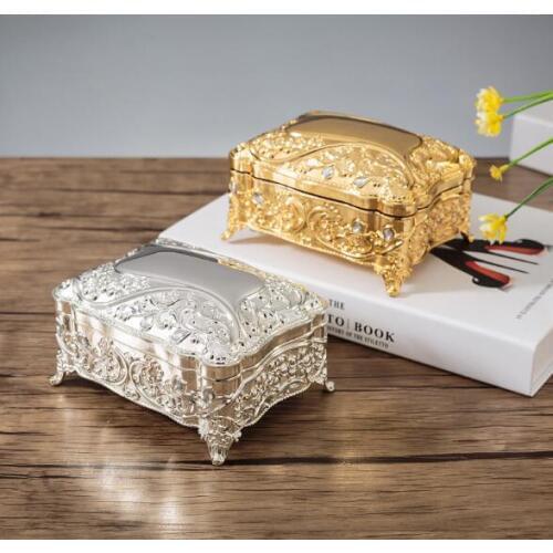 New! Wedding Gift Box Metal Jewelry Case Zinc-alloy Trinket boxes Flower Carved Stone Decor Gift Package Size S