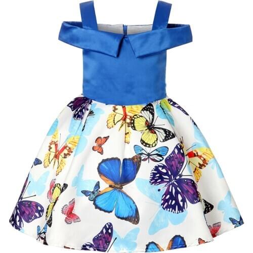 New Girls sleeveless princess dress Butterfly print satin fashion dress Children party dress with strap Free Shipping DR153