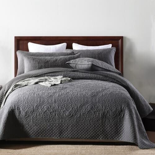 New Luxury Gray Cotton Bedspreads Quilt Set 3PCS Coverlet Solid Embroidered Bed Cover Pillowcase King Queen Size Summer Blanket