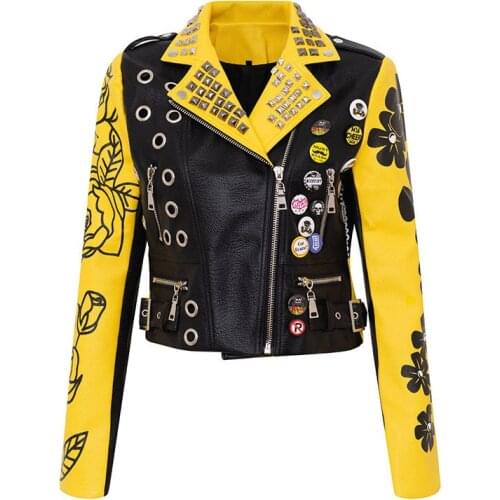 Autumn Rivet Faux Leather Jacket for Women Punk Style Letters Printing Jackets Punk Biker Moto Jacket with Patches
