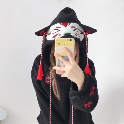 Casual girl cute cat hoodies animal hoodies with ears and tail japanese embroidery hoodie oversized hoodie cute sweatshirt girls