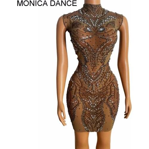 Sexy Stage Nude Mesh Dress Singer Costume Sleeveless Crystal Nightclub Prom Stretch Dance Dress For Ladies Birthday Party Dress