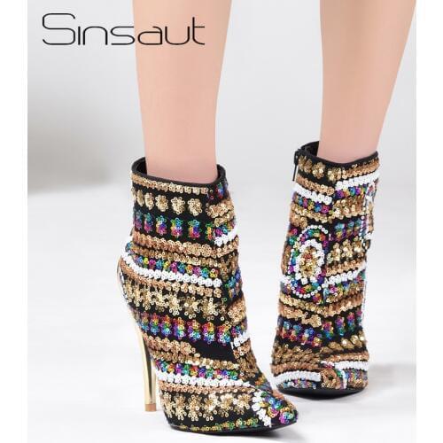 Sinsaut Shoes Women Winter Boots Gold Sequined Cloth Sexy High Heels Ankle Boots for Women Trending Pointed Toe Warm Snow boots