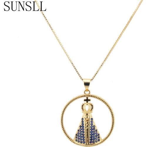 SUNSLL New Designed Handmade Round Shape Gold Copper Hollow Blue Color CZ Stones Pendant Necklace Jewelry for Women Gift Party