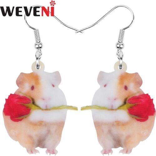 WEVENI Acrylic Valentines Day Hamster Rose Earrings Animal Drop Dangle Jewelry For Women Girls Teen Party Charm Gift Accessory