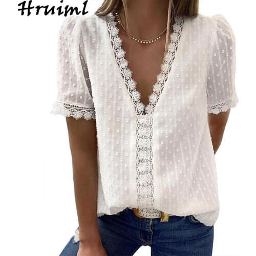Lace Fashion Women Blouses Elegant Short Sleeve V Neck Solid Casual Female Shirt Tops Summer Sweet Office Lady Streetwear 2020