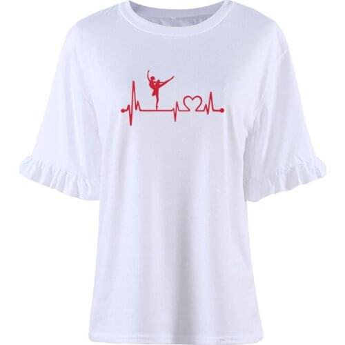 New Casual Summer Batwing Petal Sleeve T Shirt Cotton Tops 2021 Harajuku Ballet Ballerina Dance Heartbeat Printed Women T-Shirts