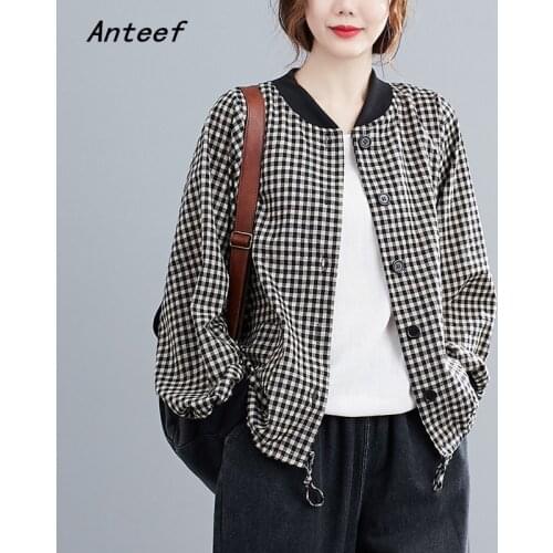 Anteef long sleeve cotton linen vintage plaid blouse Casual loose spring autumn tops women 2021 blouses button up shirt clothing