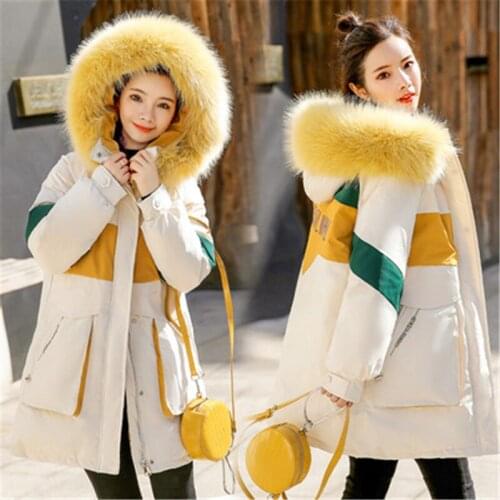 2021 Winter Fashion New Style Mid-Length Loose Large Fur Collar Hooded Long Sleeves Thick Warm Cotton Jacket Women Trendy H231