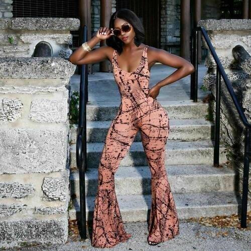 Women Spaghetti Strap Backless Print Bodycon Jumpsuit Ladies Sexy Party Casual Flared Wide Leg Long Trouser Summer Outfits