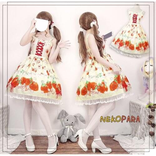 Fat Strawberry Super Cute Womens Lolita JSK Dress Summer Suspender Dress Bows Trim One Piece Beige Sweet