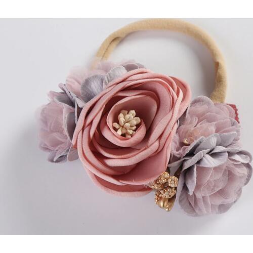 1PCS Girls Flower Nylon Headband with Pearl, Vintage Floral Hair Bows Elastic Hairband for Kids Headwear Hair Accessories