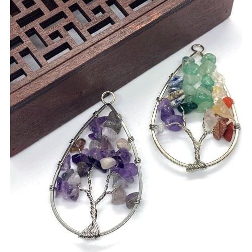 1pc Natural Stone Amethyst Drop-shaped Tree of Life Pendant Hollow and Hand-bundled for DIY Jewelry Making Necklaces Accessories