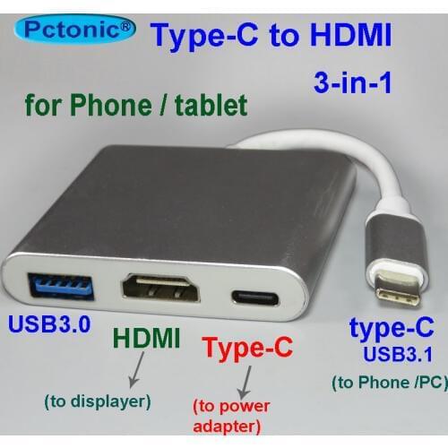 PCTONIC combo 3-in-1 Type-C to HDMI HUB adapter HDMI Hub convertor For Mobile phone MacBook type-C devices