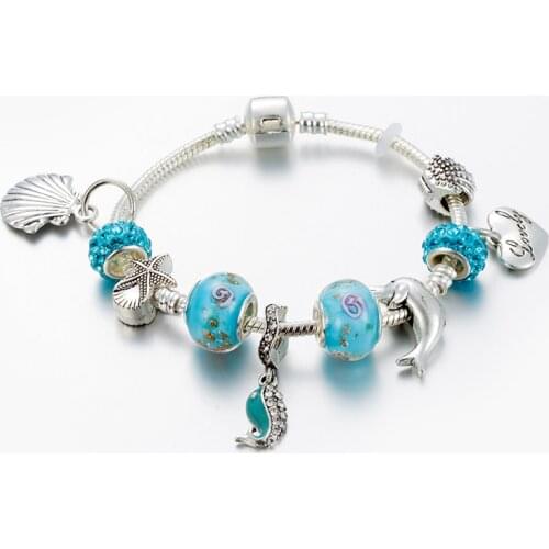 ANNAPAER New Crystal Charm Bracelet Blue Star Dolphin Sea Style Dolphin Women DIY Fine Pendant Bracelet Bangle Jewelry Gift