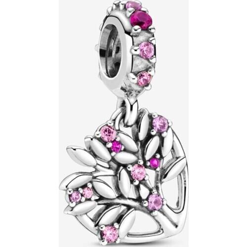Authentic 925 Sterling Silver Pink Family Tree Pendant Fit Original 3mm Bracelet&Bangle Making Fashion DIY Jewelry For Women