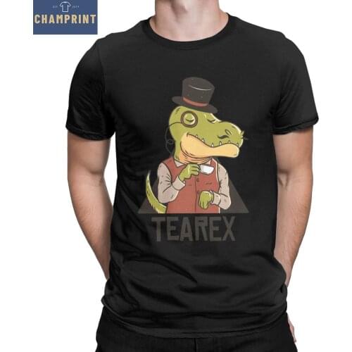Tea-Rex Drinking Tea T Shirts for Men 100% Cotton Funny T-Shirt O Neck Tee Shirt Short Sleeve Tops Big Size