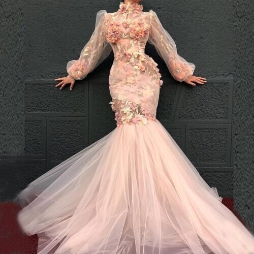 CHENXIAO Champagne Evening Dresses Lace Appliques High Collar Full Sleeves Mermaid Evening Dress Formal Party Dress Vestidos