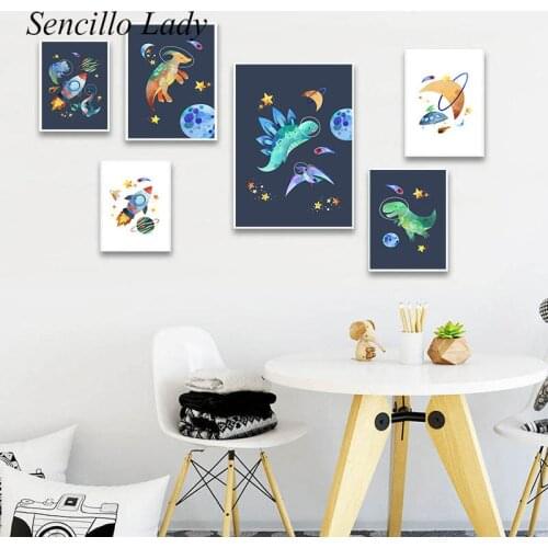 Rocket Dinosaur Astronaut Child Poster Canvas Print Baby Nursery Art Painting Space Cartoon Wall Picture Boys Bedroom Decoration
