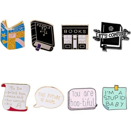Cartoon Book Quote Enamel Pins Notes Comic Books Library Brooches Badge Metal Lapel Pin Fashion Jewelry Gift for Student friends