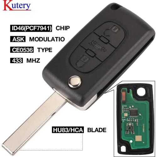 Ketery for Peugeot HU83 Blade CE0536 Flip Remote Key 3 Button with Trunk Button 434mhz Remote Key fod Circuit Board
