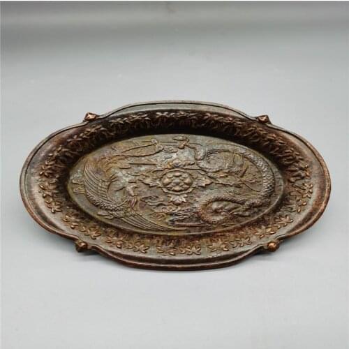 Chinese old Copper statue of writing-brush washer Chinese Gilded Dragon and Phoenix pattern plates