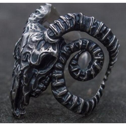 Open ring Stainless Steel Nose viking Ancient dish Sheep head Skull Ring Vintage Opening ring Men Jewelry