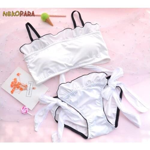 White Ruffles Trim Bow Tie Cute Japanese Milk Silk Camisoles & Panties Set Wirefree Soft Underwear Sleep Intimates Set Lolita