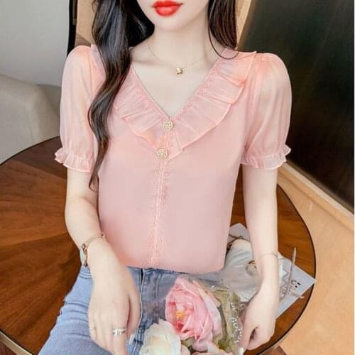 Summer v-neck chiffon shirt short-sleeved womens summer dress 2021 new trendy clothes design sense niche