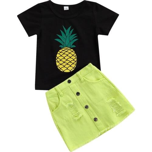 Fashion Summer Girls Clothes Set Pineapple Print Short Sleeve O-neck T-shirt + Solid Color Denim Ripped Skirt Set For 1-6 Years