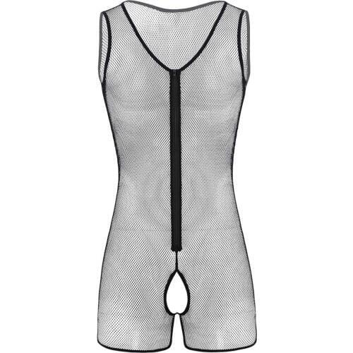 Mens One-piece See Through Sheer Fishnet Lingerie U-neck Sleeveless and Crotchless Front Zipper Tank Leotard Bodysuit Jumpsuit