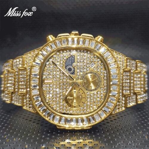 Mens Chronographs Watch 2021 Luxury Black MISSFOX Ice Out Bling Stone Jewelry Watches for Man Relogios Atacado Com Frete Gratis