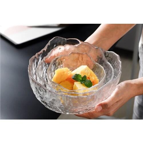 3pcs set, 5/6/8inch, embossed glass dessert ice cream bowl set, kitchen glass bowls decorative, creative key bowl, salad bowl