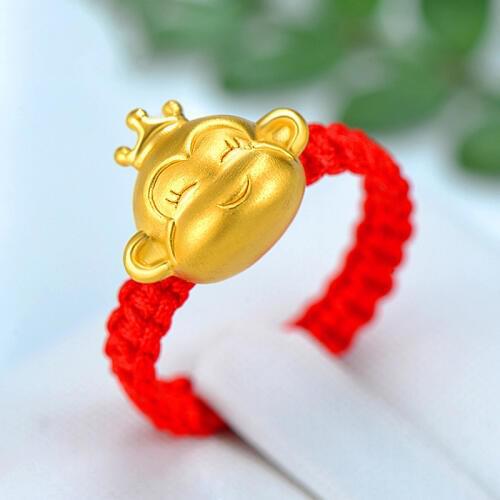 New Pure 999 24K Yellow Gold 3D 11*13mm Smart Crowned Monkey Woman Lucky Knitted Ring