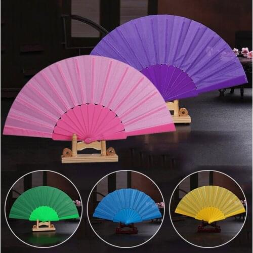 New Solid Color Silk Cloth Plastic Folding Fan Vintage Chinese Style Calligraphy Painting Hand Fan Dance Party Props Home Decor