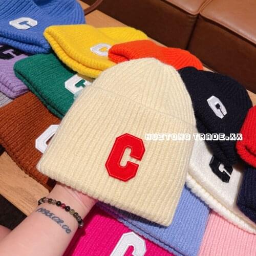 Pure Color Woolen Hats For Men And Women With Big Letter C Patch Thickened Warmth Knitted Cold Hat Knitted Hat Women Woolen Hat