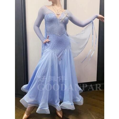 Ballroom Dance Dress for Competition ballroom dance costume shapd body stretchy ballroom dancing dress long sleeve light blue