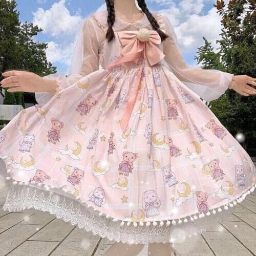 Lolita Dress Blue Pink Yellow JSK Cute Bear Rabbit Printing Daily Sling Dress Sweet Cute Kawaii Girls Princess Tea Party loli