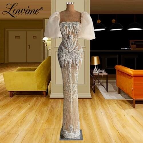 Lowime Luxury Beaded Dubai Design Formal Evening Dresses 2021 Arabic Turkish Women Party Gowns Crystal Prom Dress Robe De Soiree