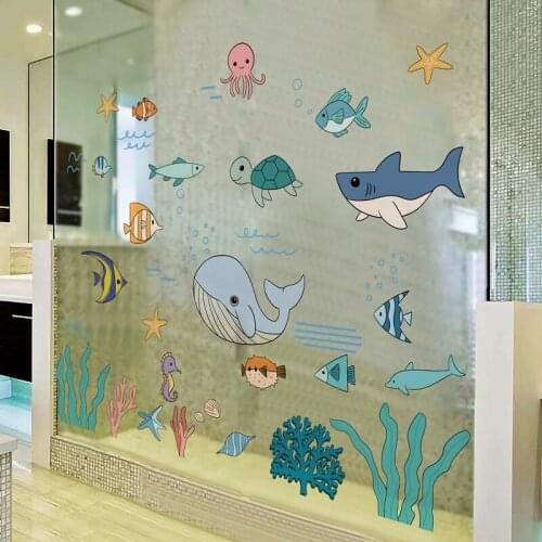 Cartoon Sea World Wall Stickers Kids Room DIY Decor wall decals Aesthetic Bedroom Bathroom Decoration Nursery Wallstickers Mural