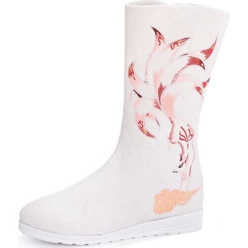 Women Fashion Fox Embroider Boots Casual Canvas Cotton Knee Boots Increased Heel Zipper White Cloth Shoes