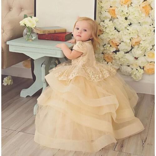 Champagne Puffy Organza Lace Dress for Baby Girls Long Length Kids Birthday Party Dress infant Tutu for New Year Photograghy