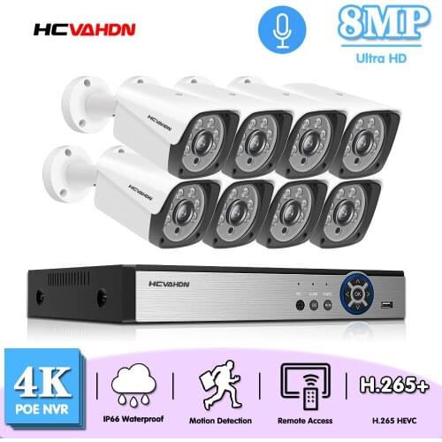 HCVAHDN 4K Security CCTV System 8CH POE NVR 8MP IMX415 Outdoor Waterproof POE Audio IP Camera H.265 Video Surveillance Kit